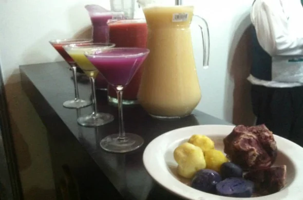 Drinks de pisco sour feito com batatas que colorem, no Festival de la Papa Nativa 2013 com muita música, dança e gastronomia.
